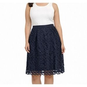 ANN TAYLOR Size 6P Navy Crochet Lace Side Zip Versatile Knee Length A-Line Skirt